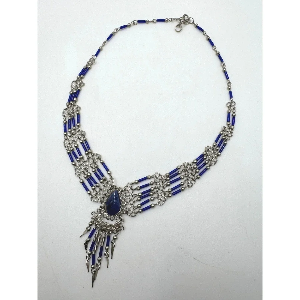 Blue Beaded Multi Strand Bib Necklace Silver Tone Fringe Statement Tribal Gypsy